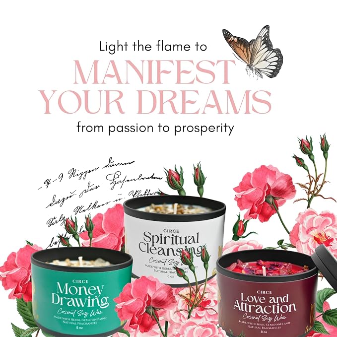 Circe Spell Candle “Good Fortune” Coconut Soy Wax Candle Jar – Premium Hand Poured & Long Burning – Herbs, Crystals & Natural Fragrance Oils - Invite Luck, Positivity & Success - Self Care, Gift- 8oz