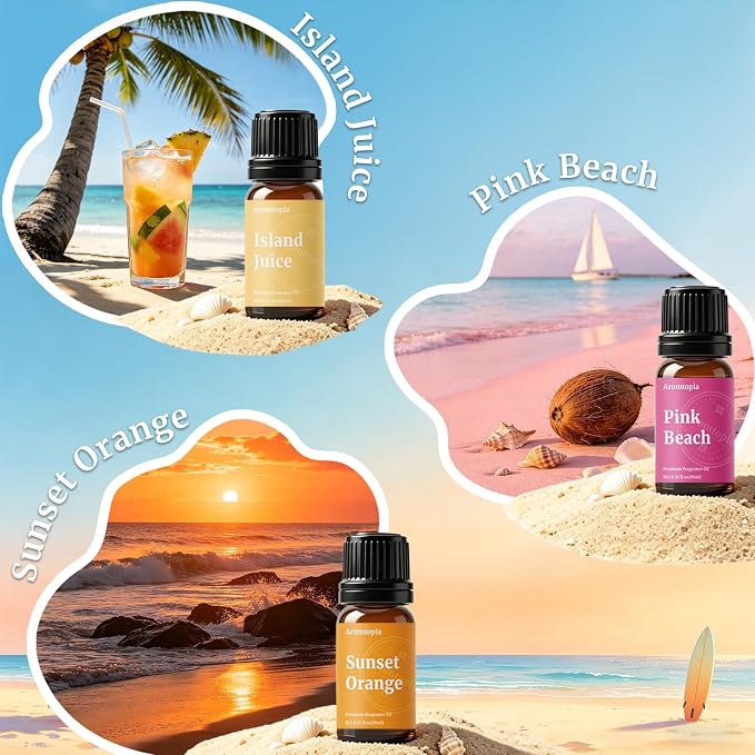 Beach Essential Oils Set, Aromtopia Diffuser Fragrance Oils for Home, 6x10ml Summer Essential Oils for Candle Soap Making, Pink Beach, Ocean Drift, Coastal Breeze Scents and More