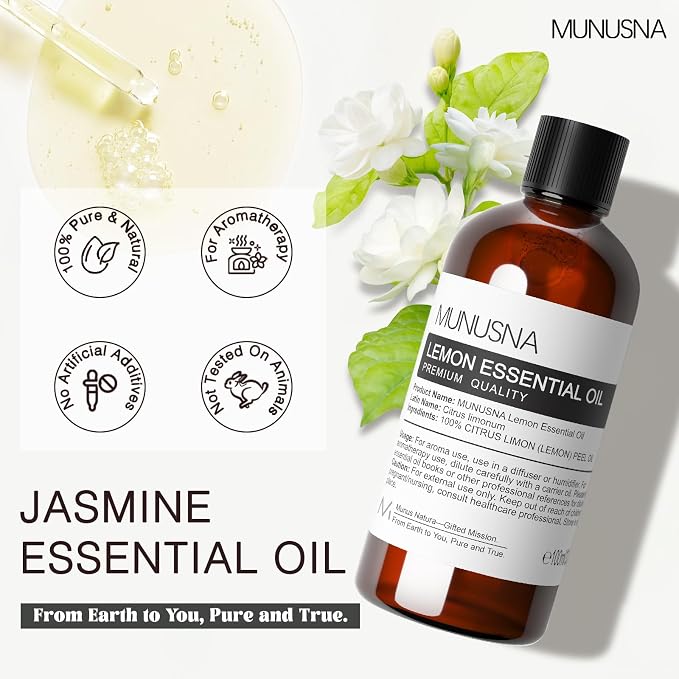 Jasmine Essential Oil 100ML, 100% Pure Natural Jasmine Oils Premium Grade Aromatherapy Oil for Face Skin Body Care, Diffuser, Massage, Home, Soap and Candle Making
