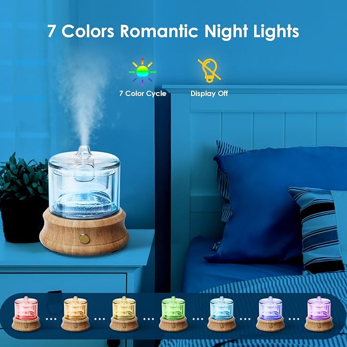 Lecdura Glass Essential Oil Diffuser, 80ML Small Glass Reservoir Natural Wood Base Ultrasonic Cool Mist Aroma Diffusers with USB-Cord Auto-Off 7 Color Light for Home Office Bedroom