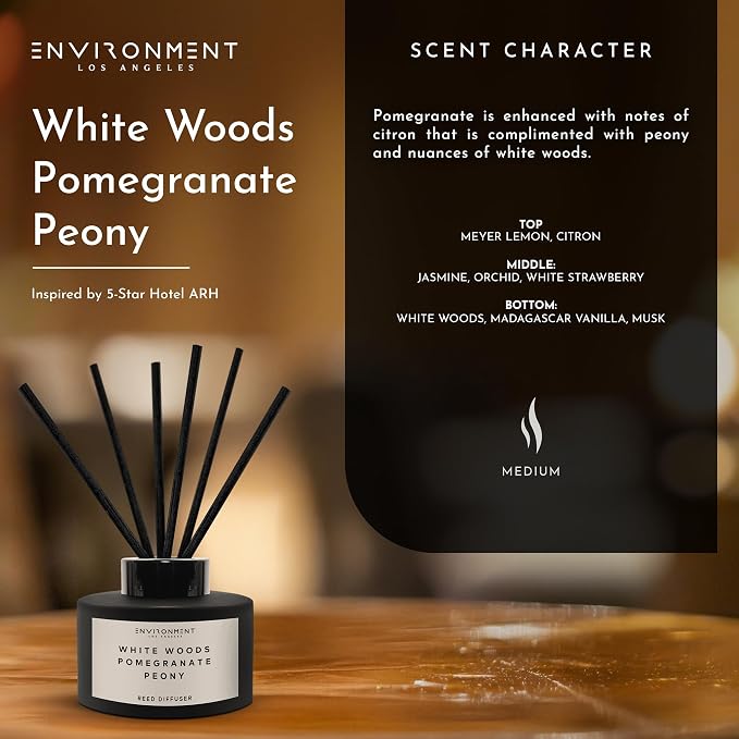 ENVIRONMENT Inspired by 5-Star Resort ARH Reed Diffuser, 200ml Luxury Scented Aromatherapy (White Woods | Pomegranate | Peony) Reed Diffusers for Home, Diffusing Oil Fragrance, Home Fragrance Products