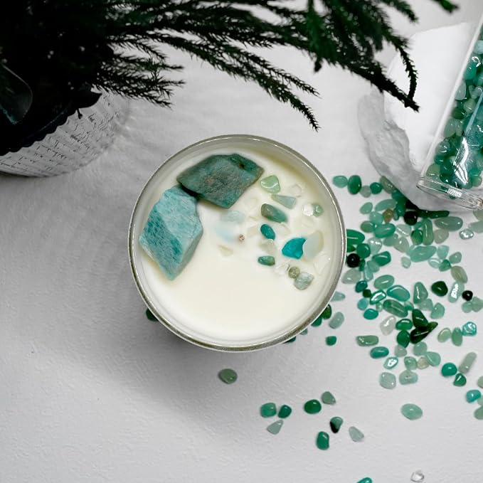 Amazonite Crystal Candle – 10oz / 280g Fig Tree & Sandy Sea Aromatherapy Hand-Poured Soy Wax Genuine Amazonite Healing Crystals Embedded Cleansing, Health & Calming Gift Box Included