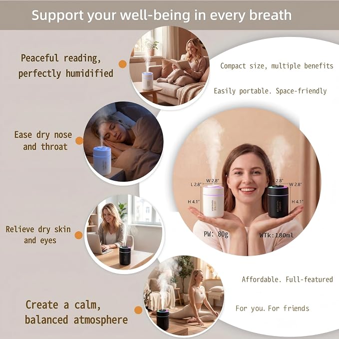 Mini Humidifier - 7-Color LED Night Light, 2-in-1 Aroma Diffuser & Humidifier, USB Portable, 4H/8H Timer, Safe Auto Shut-Off, Ideal for Home Office Car Gift (white, 2.8 * 2.8 * 4.1)