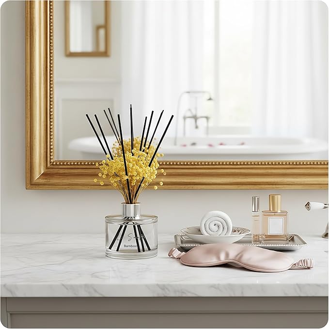 Reed Diffuser Set (6.7fl oz), Natural Bamboo Essential Oil Fragrance with Glass Bottle, Black Rattan Sticks & Preserved Flowers, Up to 120 Days Lasting Fragrance for Home & Office
