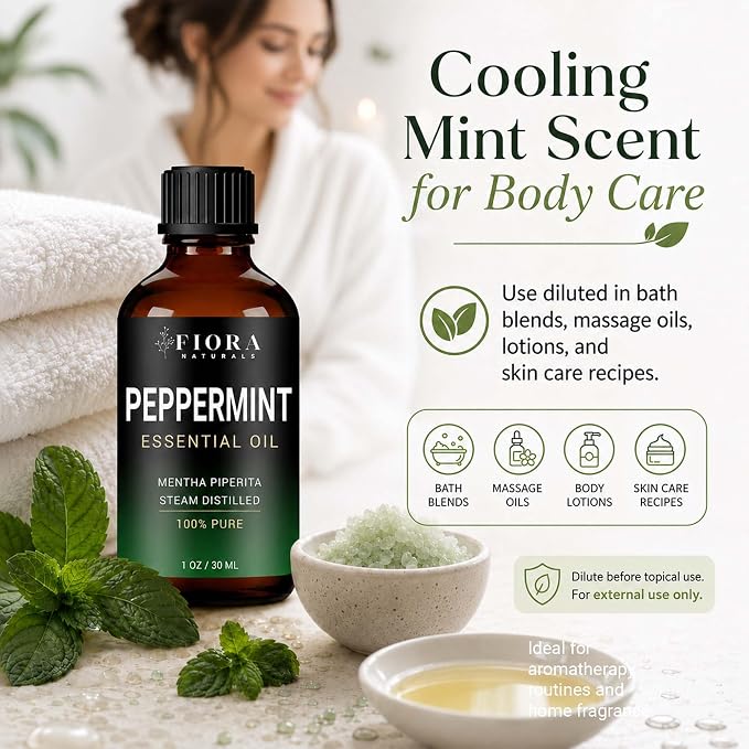 Peppermint Oil by Fiora Naturals – 100% Pure Peppermint Essential Oil, Mentha Piperita Mint Oil for Aromatherapy Diffuser, Skin, Hair, Scalp, DIY Soap & Candle Making, Aceite de Menta