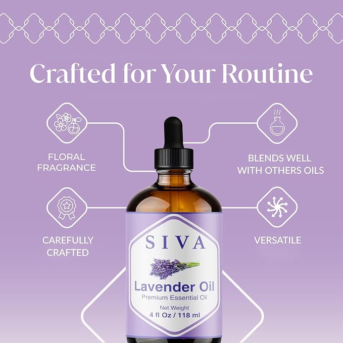 SIVA Lavender Essential Oil 4 Fl Oz – For Diffuser, Skin & Hair Care – Ideal for Massage & DIY Blends – with Dropper