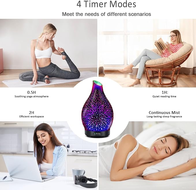 Essential Oil Diffuser 150ML -3D Firework Glass Aromatherapy Diffusers for Essential Oils with 4 Timer Setting Auto Shut-Off Silent Operation 7 Colors Lights Changing, Mothers Day for Room, Office