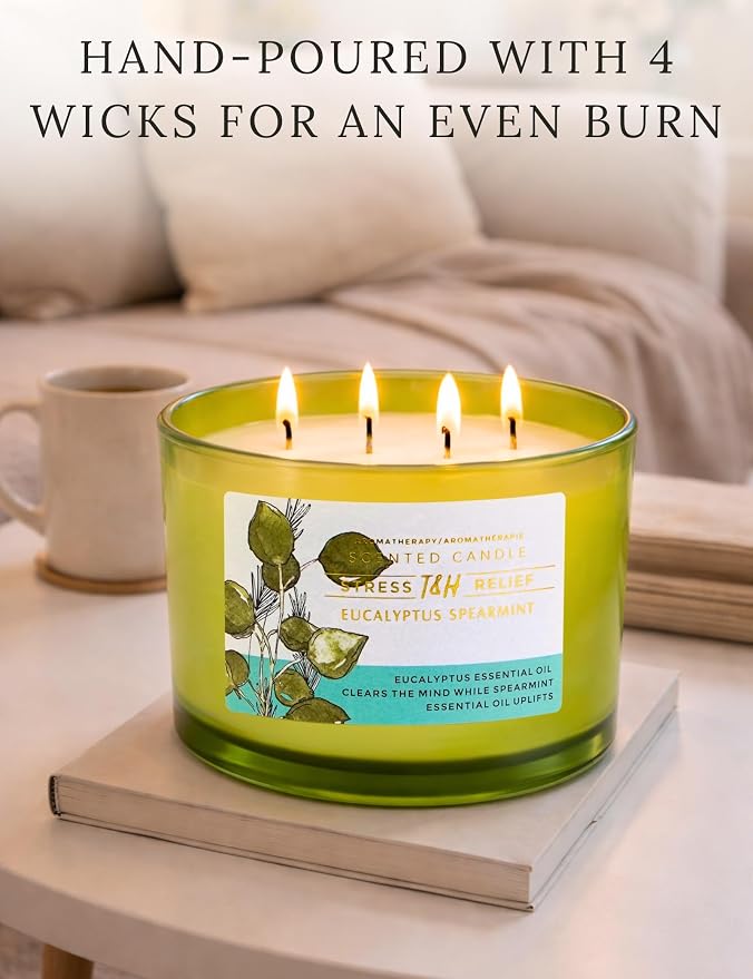 Eucalyptus Spearmint Candle | 4 Wick Extra Large Scented Soy Candle 20 oz | Highly Scented Aromatherapy Stress Relief Spa Candles | Fresh Eucalyptus Mint Home Scent | Long Lasting Clean Burn