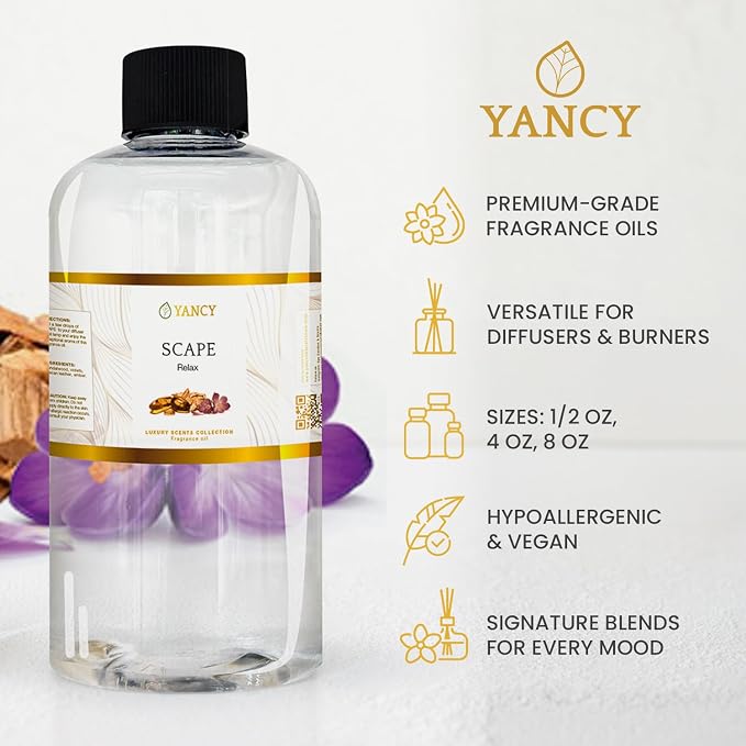 YANCY Scape Luxury Collection Fragrance Oil (4 oz), Sandalwood and Amber Scent, Versatile Aroma for Diffusers, Oil Burners & Aroma Lamps, Premium Fragrance Oil for Relaxing Home Ambiance
