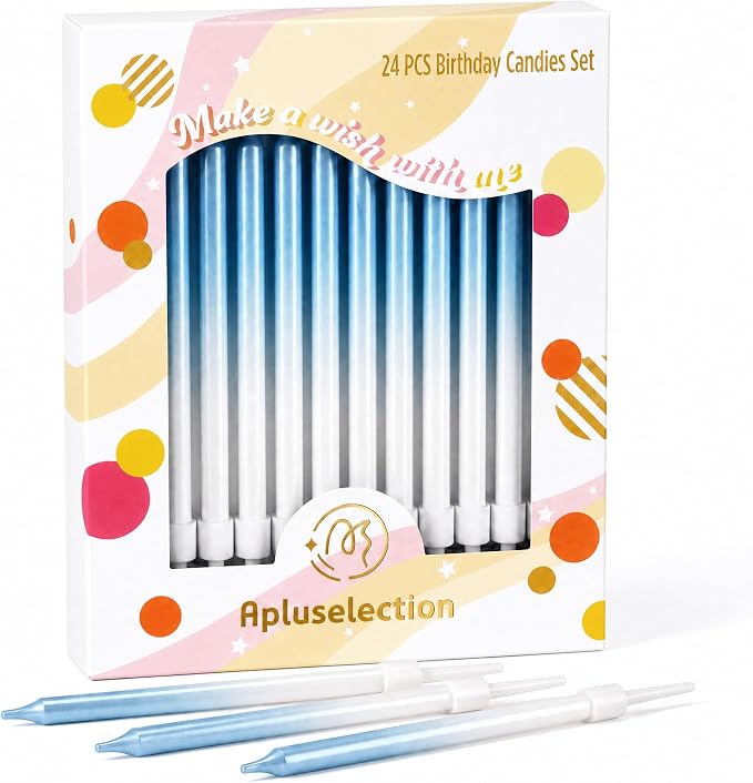 24-Count Gradient Blue Birthday Candles, Long Thin Cake Candles for Wedding, Celebration, Birthday Party Cake Cupcake Decorations