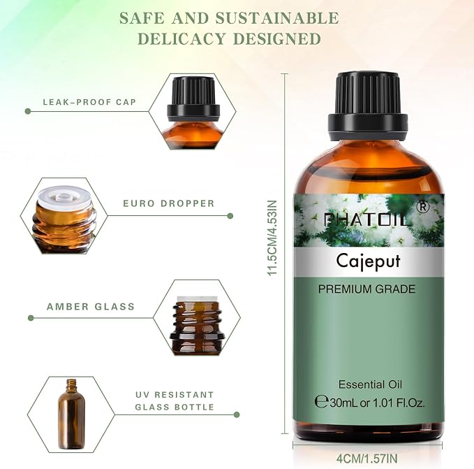 Cajeput 1.01fl.oz Essential Oil, PHATOIL Pure Aromatherapy Oils for Diffuser, Humidifier, Perfect for DIY Soap, Candle, Bath Bombs Making(30ml)
