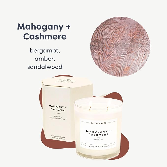 Calyan Wax Co. Mahogany & Cashmere 2 Wick Scented Candle - 37 Hour Burn - Luxury Clean Soy Wax Candles - Long Lasting Large Glass Jar Candle for Home - 8.8oz