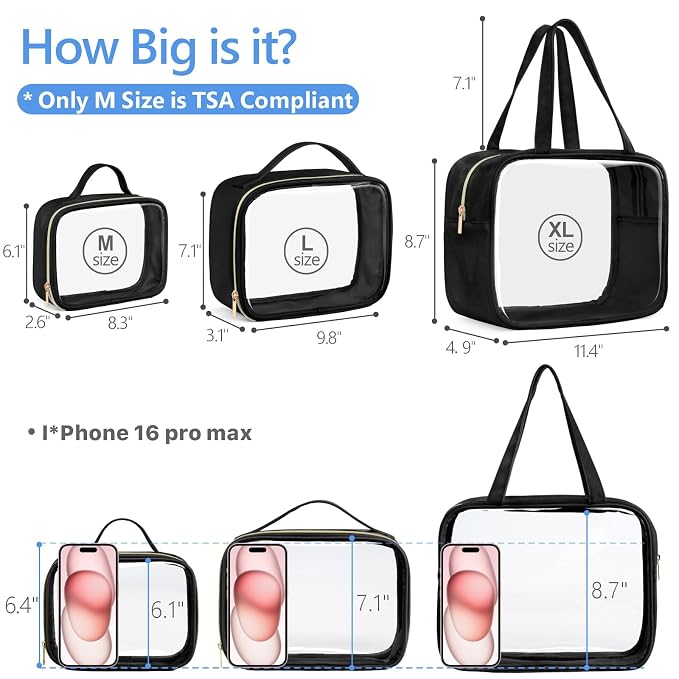 PACKISM Clear Makeup Bag Combo Pack, 1 TSA Approved Medium & Large/XL for Checked Luggage, Clear Toiletry Bag with Handle, Water-resistant Travel Essentials Organizer, Black