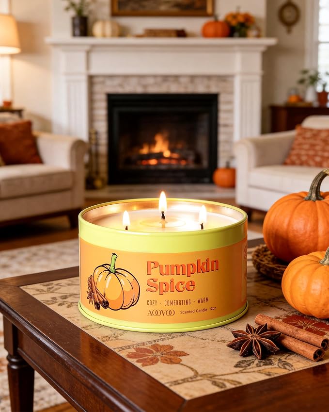 AOOVOO Pumpkin Spice Candle - 3 Wick 12oz Large Fall Candle, Soy Wax Strong Scented Candle Non Toxic, Long Lasting Candles for Home, Aromatherapy Autunm Candles Gift for Women Men