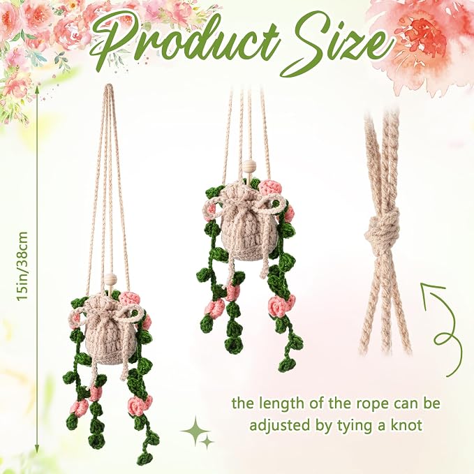 DaisyInner Cute Crochet Plant Car Freshener 12ml Empty Refillable Diffuser Bottle with Plants Hanging Accessories for Ornaments Charms Rearview Mirror Home Office Decor Women Gifts(Flower)