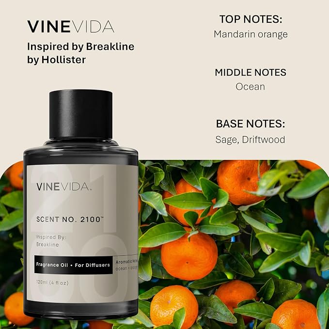 VINEVIDA [4 Fl Oz] Scent NO. 2100 Fragrance Oil for Cold Air Diffusers, Aromatic Notes of Ocean Orange Sage, Essential Oils for Diffuser Oil Refill & Air Freshener Room Spray