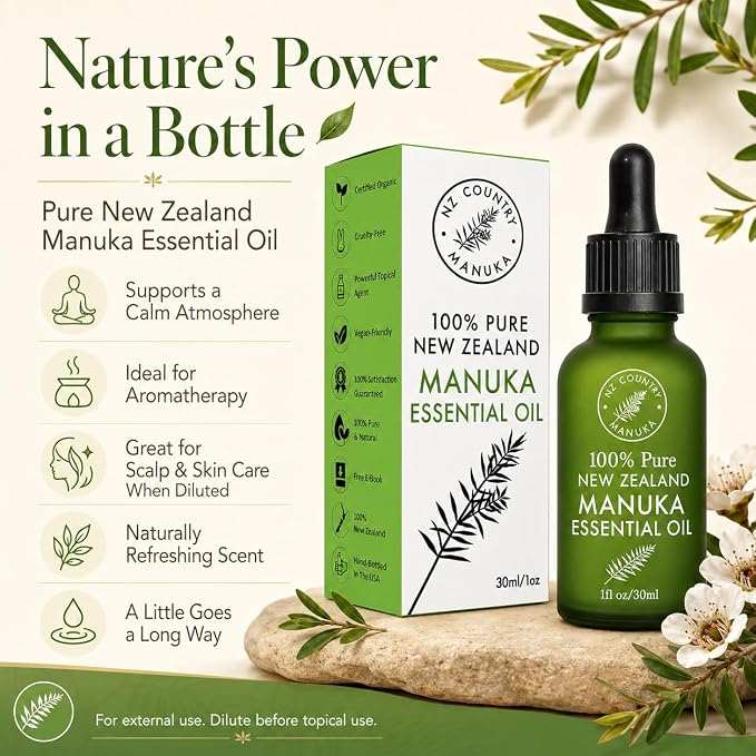 100% Pure New Zealand Manuka Oil | Organic Essential Oil | 35x Stronger Than Tea Tree | Natural Skin Care | Toenails | Diffuser | Aromatherapy | Nails | Hair | Skin | Lips