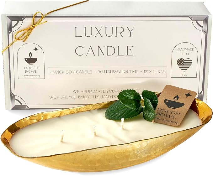 Dough Bowl Candle Co. Luxury Candle - Scented Luxury Candles for Home, 12x5x2 Inch Vessel for Women and Men, Fancy 4 Wick for All Occasions (Gold, Palo Santo and Patchouli)