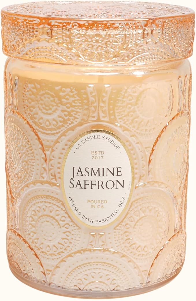 LEOBEN CO – Jasmine Saffron Scented Candle – 18oz, Heirloom Collection Design – 80 hr Burn Time – Poured in California Using Vegan Soy Wax and Essential Oils – Made in Small Batches