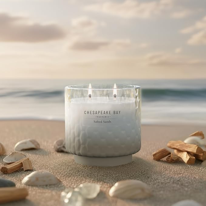 Chesapeake Bay, 11oz Salted Sands Scented Candle, Mood Evoking Fragrance, Textured Sea Glass-Inspired Jar, Premium Soy Blend Wax with Essential Oils, Coastal Fragrance for Home Décor or Gifting