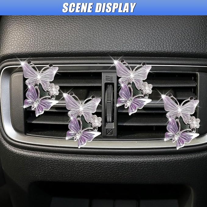 ZIMISI Car Vent Clip, Dual Butterfly Air Vent Clips, Bling Diamond Car Diffuser Clips, Cute Air Conditioning Outlet Decoration, Butterfly Car Accessories for Women (4Pcs/Purple)