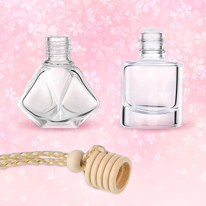 Patelai 12 Pcs 8ml Hanging Car Air Freshener Diffuser Bottle Empty Clear Glass Essential Perfume Oil Aromatherapy Fragrance Perfume Pendant Glass Bottle Decor with Wooden Caps(Stylish Style)
