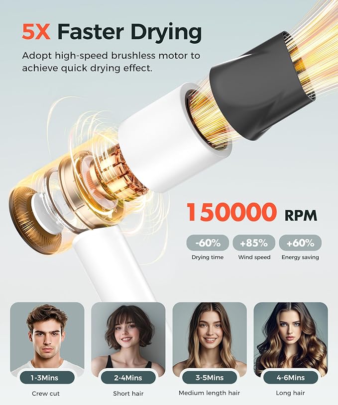 Cosy Companions Hair Dryer, 150000 RPM High-Speed Blow Dryer with 500Million Negative Ions for Fast Drying, Lightweight & Thermo-Control, Hair Dryer with Diffuser, Ideal for Salon & Travel, White
