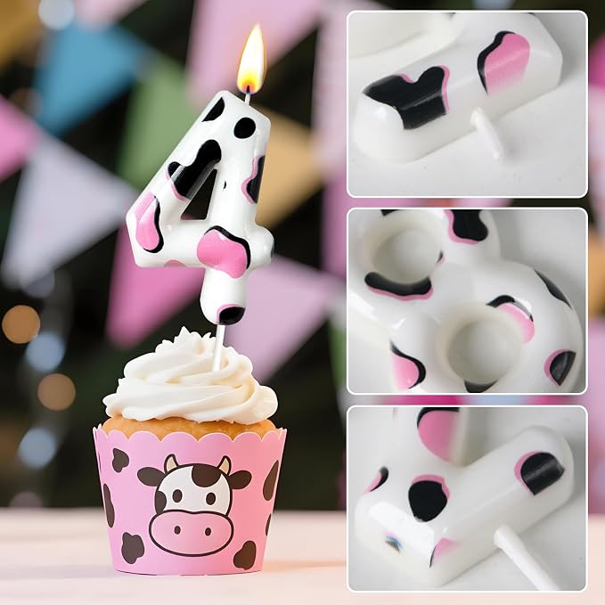 Number 4 Birthday Candle for Cake – Cow Print Design in White Black Pink – Farm Theme & Cowgirl Party Cake Topper Decoration