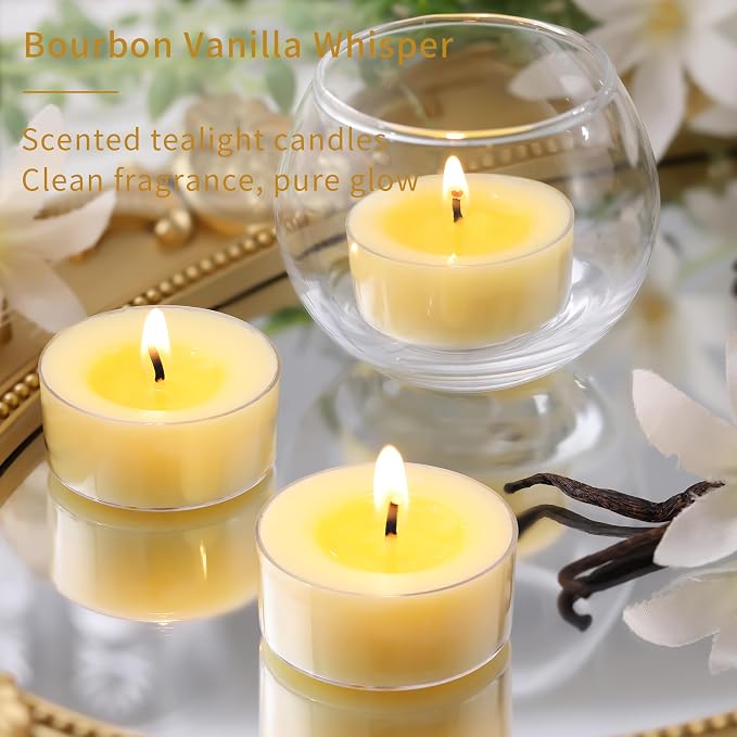 DEVI Vanilla Scented Tea Lights Candles 12 Pack, 5 Hours Natural Palm Tea Candles Bulk for Home Scented, Small Tealight Votives with Essential Oils for Home, Wedding, Baby Shower Favors & Gifts