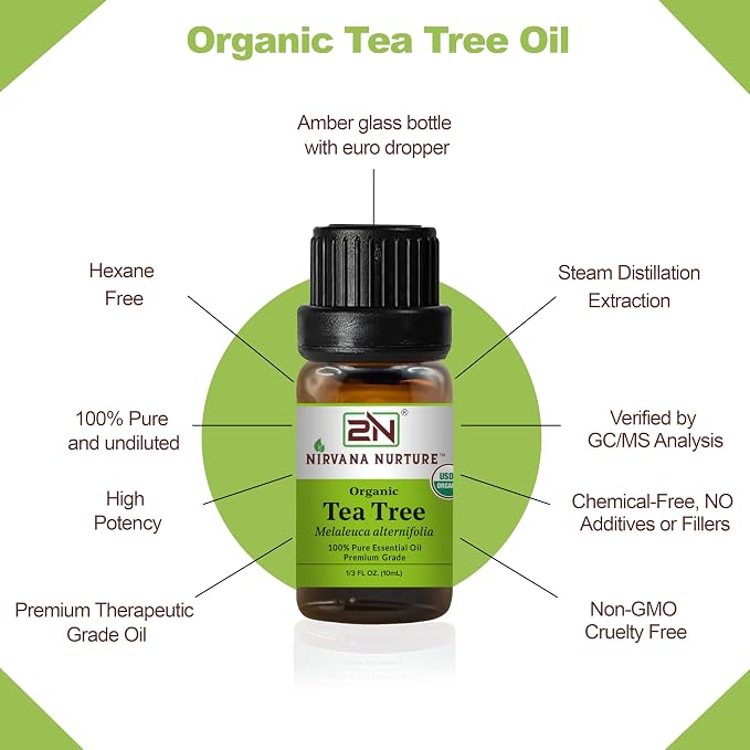 Tea Tree Essential Oil, USDA Certified Organic, 100% Pure Undiluted, Aromatherapy Oil for Diffuser, Hair & Skin Care