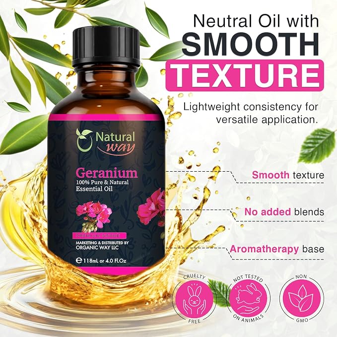 Geranium Essential Oil for Diffusers | Natural Aroma Oil for Home Fragrance, Humidifier & DIY Candle Making, Long Lasting Scent for Office, Bedroom & Soothing Scent 4 Fl Oz (120 mL)