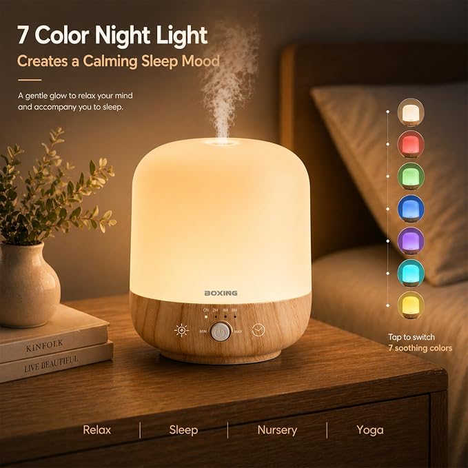 Essential Oil Diffuser 300ML for Bedroom & Large Room, Up to 24 Hours Runtime, Aromatherapy Diffuser with Auto Shut-Off, 28dB Whisper Quiet, 7 Color Night Light, Wood Grain Diffuser by BOXING