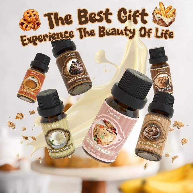 Soulorigin Bakery Essential Oils Set, Fragrance Oil Set for Diffuser, Scent Diffuser Oil for Candle Making- Chocolate Cookies, Creamy Vanilla, Coffee Cake, Pumpkin Pie, Candy Cookies, Cinnamon Rolls