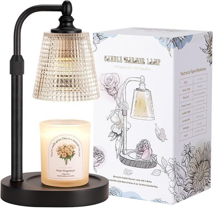 Hong-in Candle Warmer Lamp with Timer Dimmer, Birthday Gifts for Women, House Warming Gifts for New Home, Vintage Room Decor, Adjustable Height Candle Lamp, Wax Warmer for Scented Jar Candles, Black