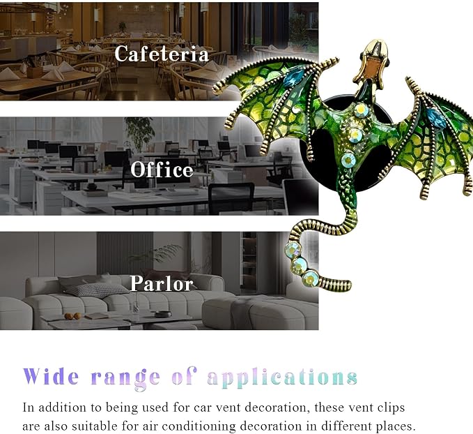 2PCS Bling Wyvern Car Air Freshener Vent Clips, Alloy Enamel Dragon Auto Outlet Clips with Fragrance Tablets, Refillable Cute Flying Dragon Crystal Vent Clip Aroma Diffuser (Green)
