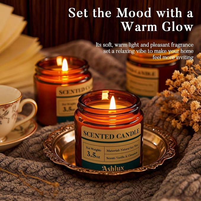 Ashlux 4 Pack Scented Candles as Candle Gift Set, Candle Set for Women, Long Lasting Soy Wax Amber Jar Aromatherapy Candles for Stress Relief, Home Decoration, Birthday, Valentine's Day