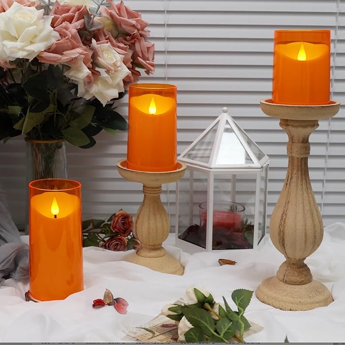 NURADA Flameless Candles with Remote Timers - 3D Wick Battery Operated LED Electric Fake Candles Realistic for for Halloween Thanksgiving Dinner Tables Wedding Party Home Fall Decor - 3 Pack Orange