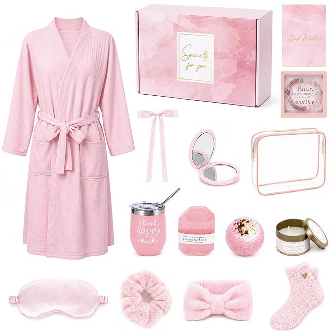 gisgfim 14Pcs Birthday Gifts for Women Spa Gift Basket Set Relaxing Home Products Self Care Kit Includes Mirror Socks Steamers Bath Robe for Women Mother's Day Her Friend Sister Wife Grandma (Pink)