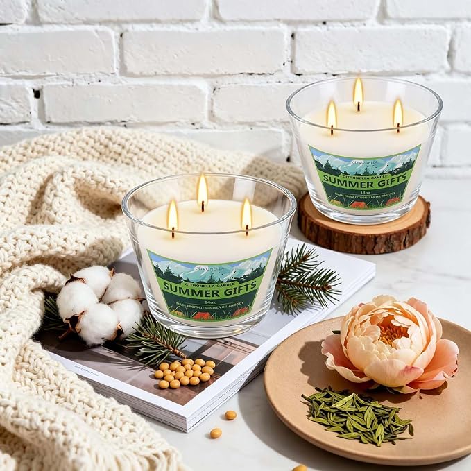 2 Pack 3-Wick Glass Cup Citronella Candles(14oz), Natural Soy Wax Clean Burning & Smokeless,citronella Scented Candle & Outdoor Candle,Camping Bar Counter Yard, Summer Gift.