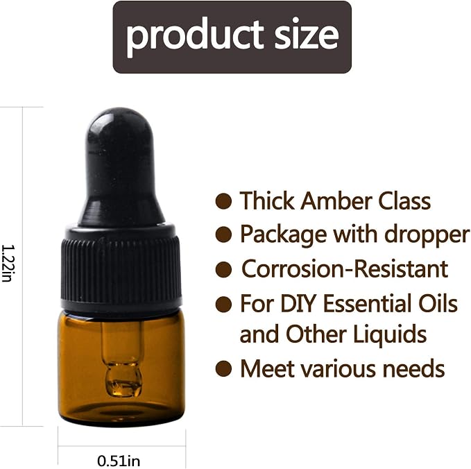 Sample Dropper Bottles, Mini Dropper Bottles with 2 Pcs Plastic Droppers for Traveling Essential Oils DIY Cosmetic Liquid Sample Perfume (Amber, 1ML)