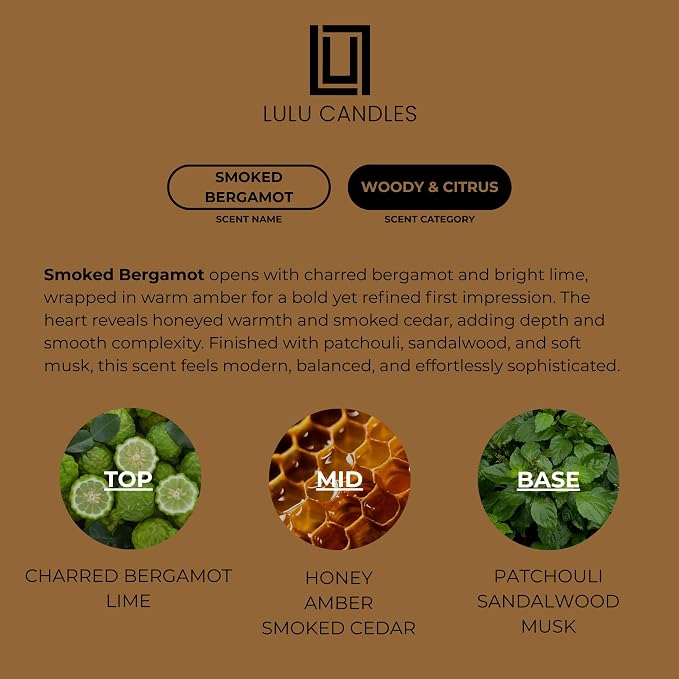 Lulu Candles | Smoked Bergamot | Smells Smokey and Citrusy | Luxury Scented Soy Jar Candle | Hand Poured in The USA | Highly Scented Long Lasting (9 Oz.)