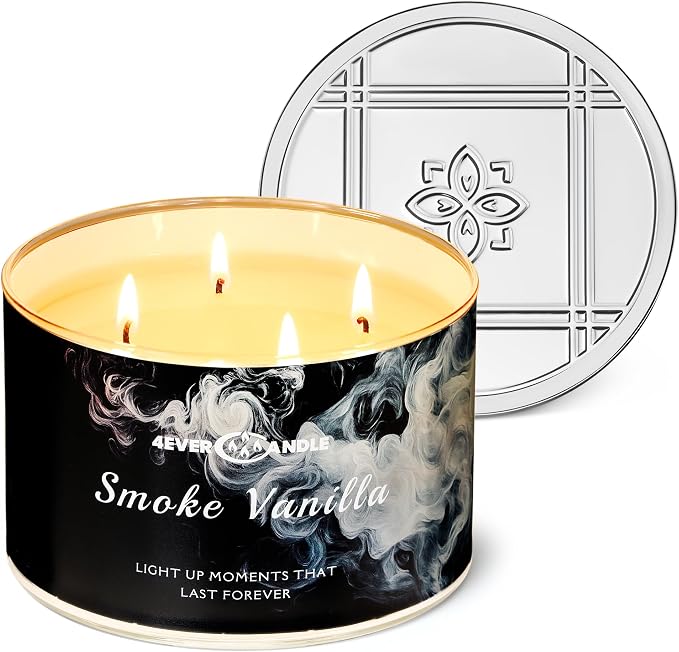 4EVER Scented Candles | 4-Wick 18oz Soy Wax Candle | Up to 50Hrs Clean Burn | Aromatherapy Candles for Home Scented | Gifts for Women & Mom, Smoke Vanilla