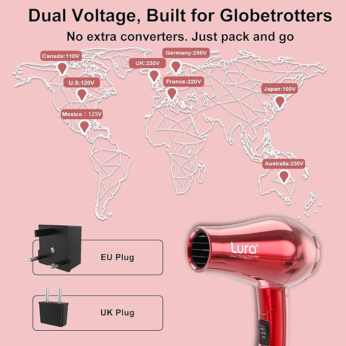 LURA Auto Dual Voltage Travel Hair Dryer with Diffuser,Travel Blow Dryer Mini with EU Plug and UK Plug,Lightweight Portable Hairdryers with Folding Handle,1200W Compact Small Blowdryers for Women(Red)
