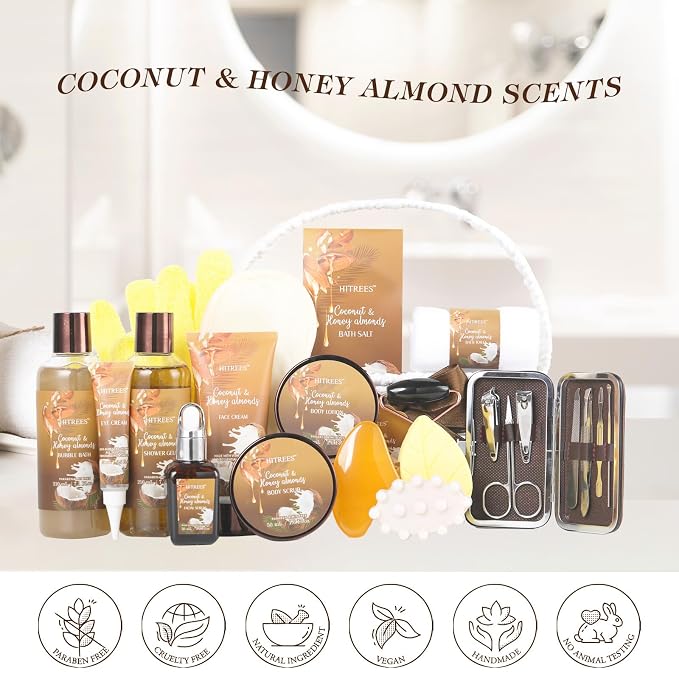 Coconut & Honey Almond Bath and Body Gift Basket Set, 24 Pcs Spa Gift Basket with Lotion, Face Cream, Himalayan Salt, Eye Cream, Facial Serum & More Bath Set Gifts for Girls, Birthday Gifts for Men