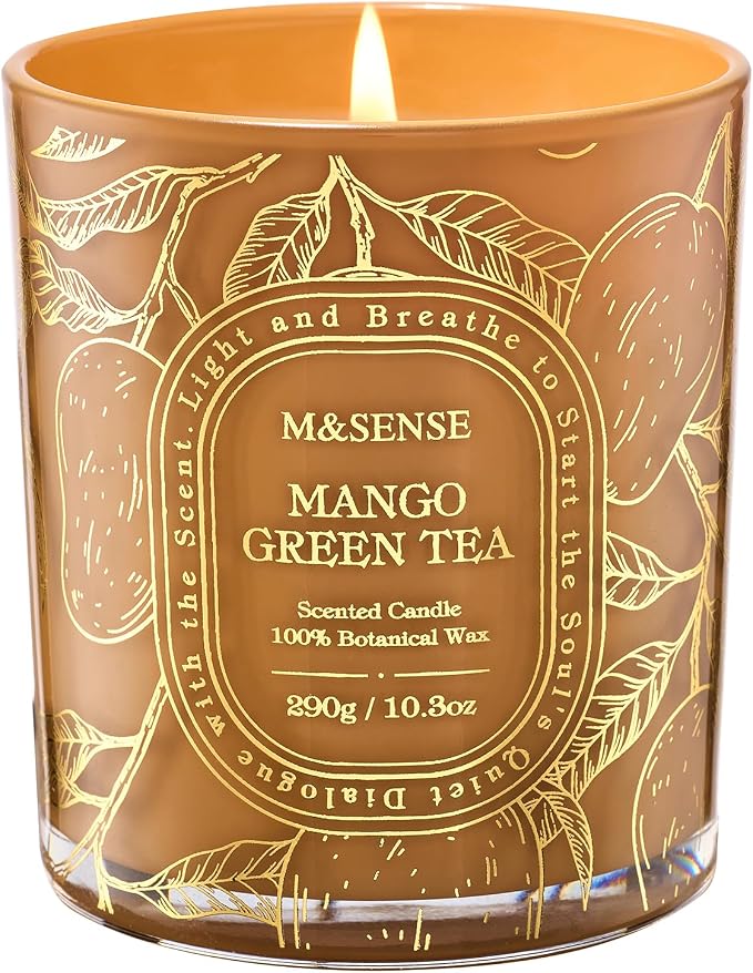 M&SENSE Mango Green Tea Soy Candle, Bathub Spa Relax Gift | Tropical Spa Atmosphere, Clean Soy Wax Long Burning for Bathtub, Summer Refresh For Rooms, Reusable Golden Stamped Jar