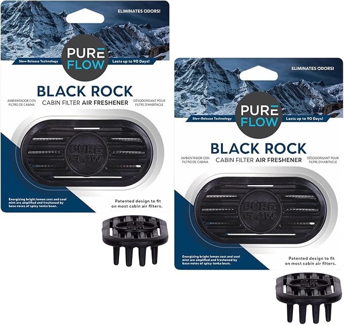 PUREFLOW Cabin Filter Air Freshener with Odor Eliminator - Fits on Most Car, Truck, and SUV Cabin Air Filters - Black Rock (2-Pack)