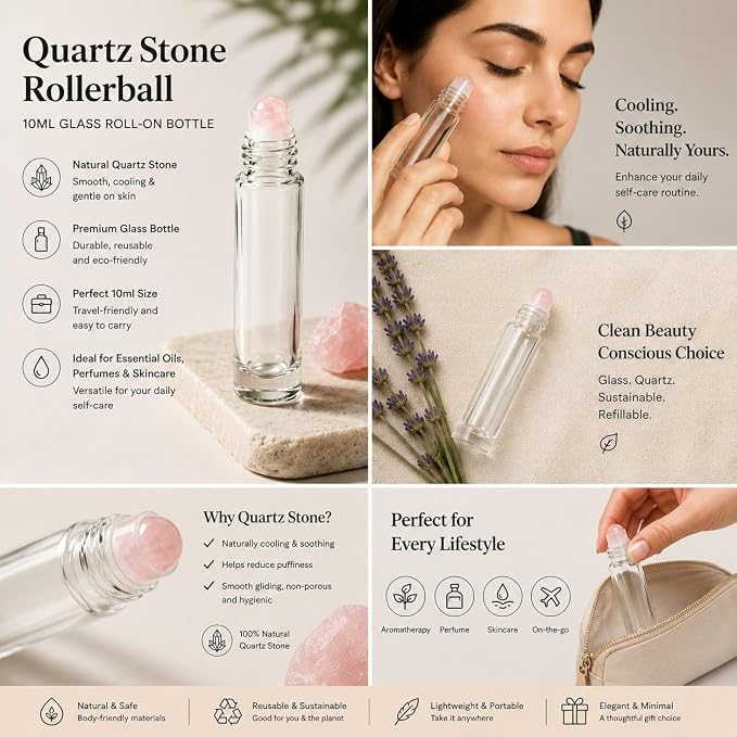 Rose Quartz Roller Ball Bottle for Castor Oil - 10ml Refillable Empty Glass Roll-On for Essential Oils, Organic Castor Oil, Perfume & Skincare - Leak-Proof Travel Size Quartz Stone Rollerball (3pcs)