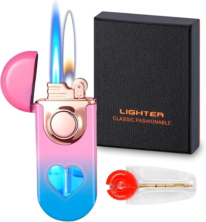 Torch Lighter, Dual Flame Lighter with 6pcs Flint Stone, Windproof Lighter with Visible Gas Window, Adjustable Soft Flame and Jet Flame 2 in1,Refillable Butane Lighter for Outdoor Indoor - Gradient B