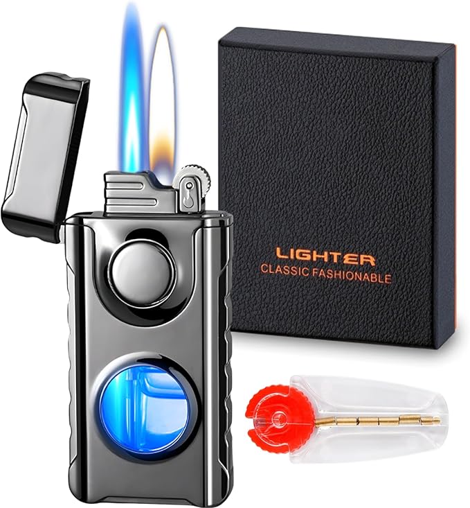 Torch Lighter, Creative Dual Flame Lighter with 6pcs Flint Stone, Windproof Lighter with Visible Fuel Tank, Adjustable Soft Flame and Jet Flame 2 in1,Refillable Butane Lighter for Gifts Men-Ice Black