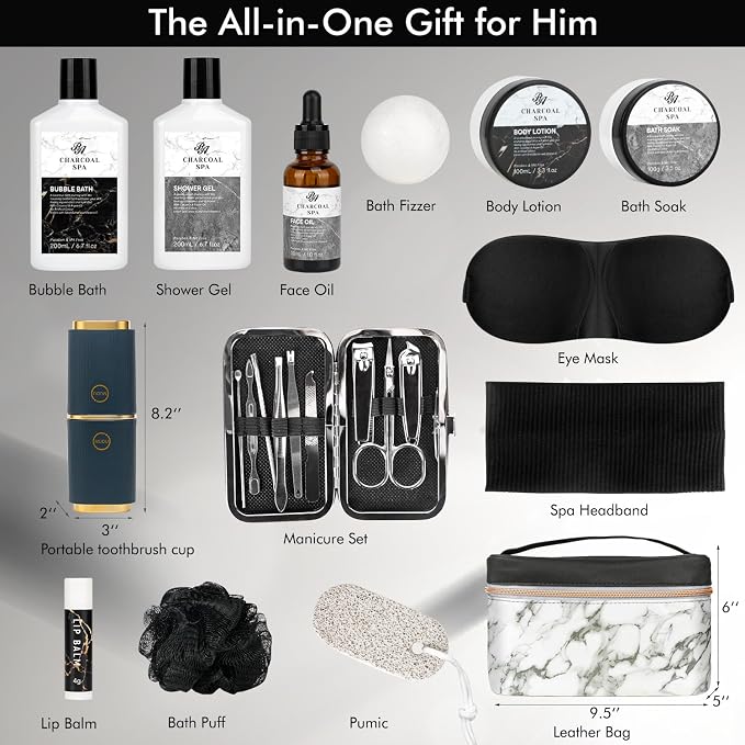 Gifts for Men, 23pcs Fathers Day Gifts for Dad, Spa Gift Basket For Him | Charcoal Bath and Body Gift Basket for Men, Self Care Home Spa Kit, Leather Bag, Skin Care Gift Set, Birthday, Anniversary